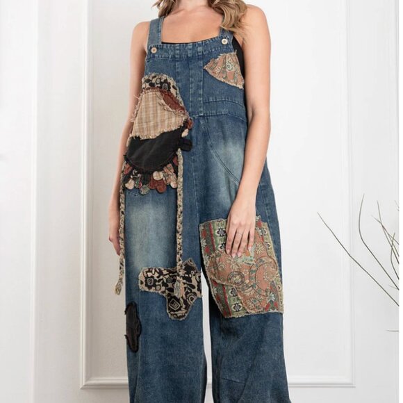 NWT BlueVelvet Denim Capri Overalls with Mixed Patches in Denim Size LARGE - Picture 7 of 12